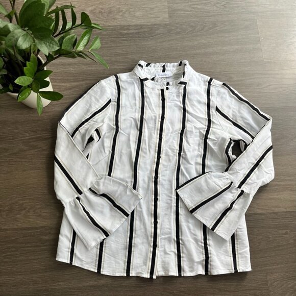 Calvin Klein White Smock-Neck Collarless Striped Blouse with Bell Sleeves - Picture 8 of 12